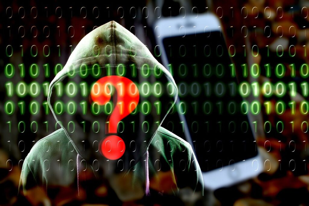 A person wearing a hoody with face in shadows and question mark over face.