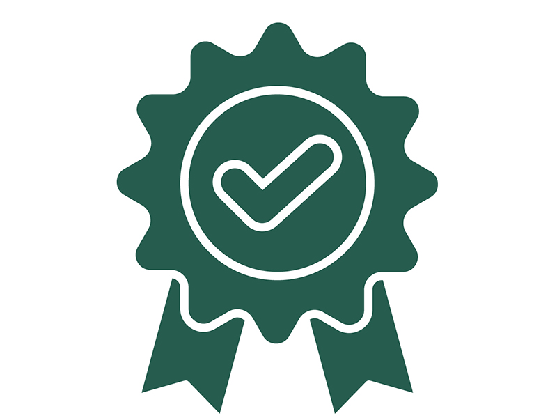Green icon of an award ribbon with a check mark in the center