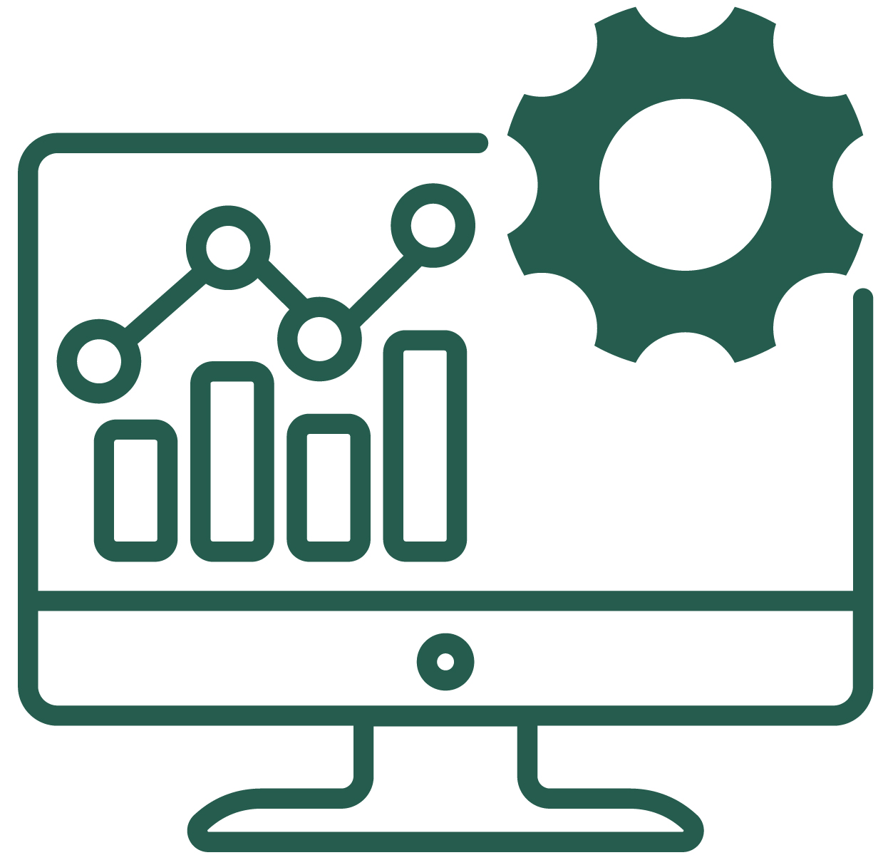 Green icon of computer showing various graphics like a dot plot, bar graph, and gear wheel