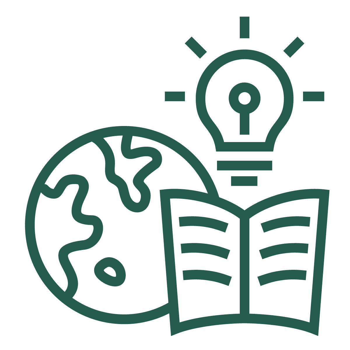 Green icon of a light bulb, a textbook, and the globe, representing synthesis of knowledge