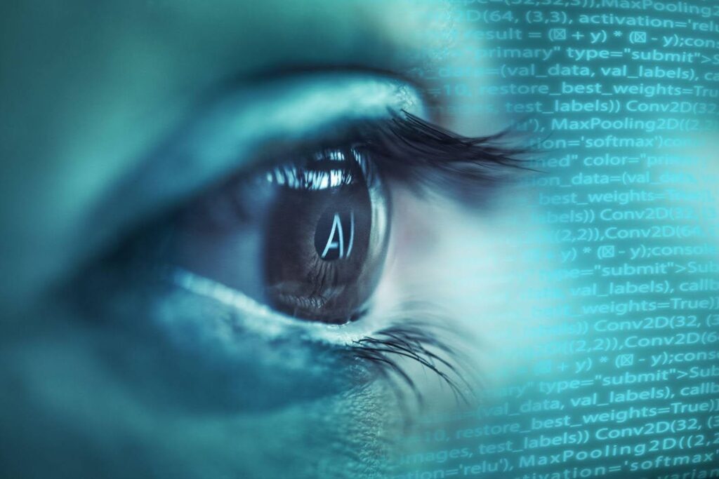 Close-up of a female human eye with the letters 'AI' reflected on the eyeball, alongside computer programming language.